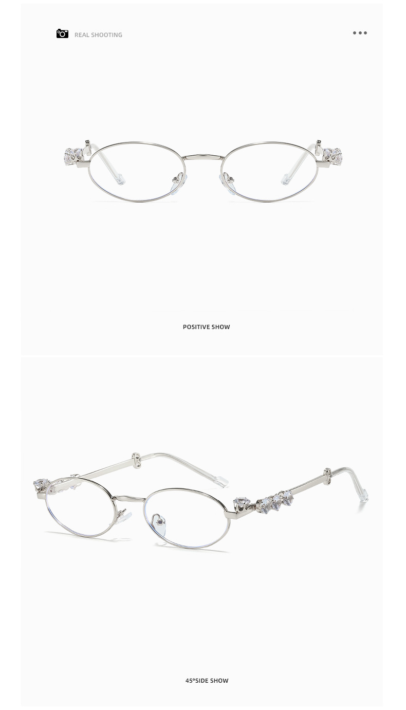 Metal diamond-encrusted oval small frame glasses, ins style cross-border resin anti-blue light glasses, water diamond plain y2k sunglasses pic 13