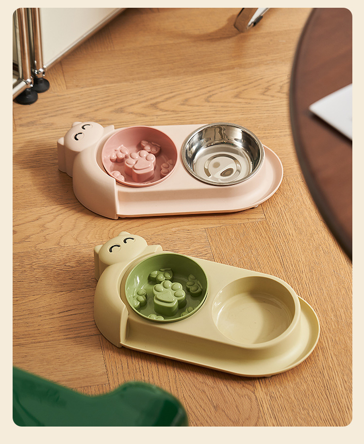 Multi-functional pet double-bowl cartoon with stainless steel bowl, pet feeding utensils, pet water and feeding two-in-one anti-slip bowl pic 11