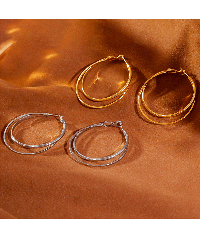 Hyacinth moda personalidad metal doble anillo aretes mujeres luz lujo alto sentido temperamento orejeras grandes orejeras de círculo orejeras hebillas pic 2