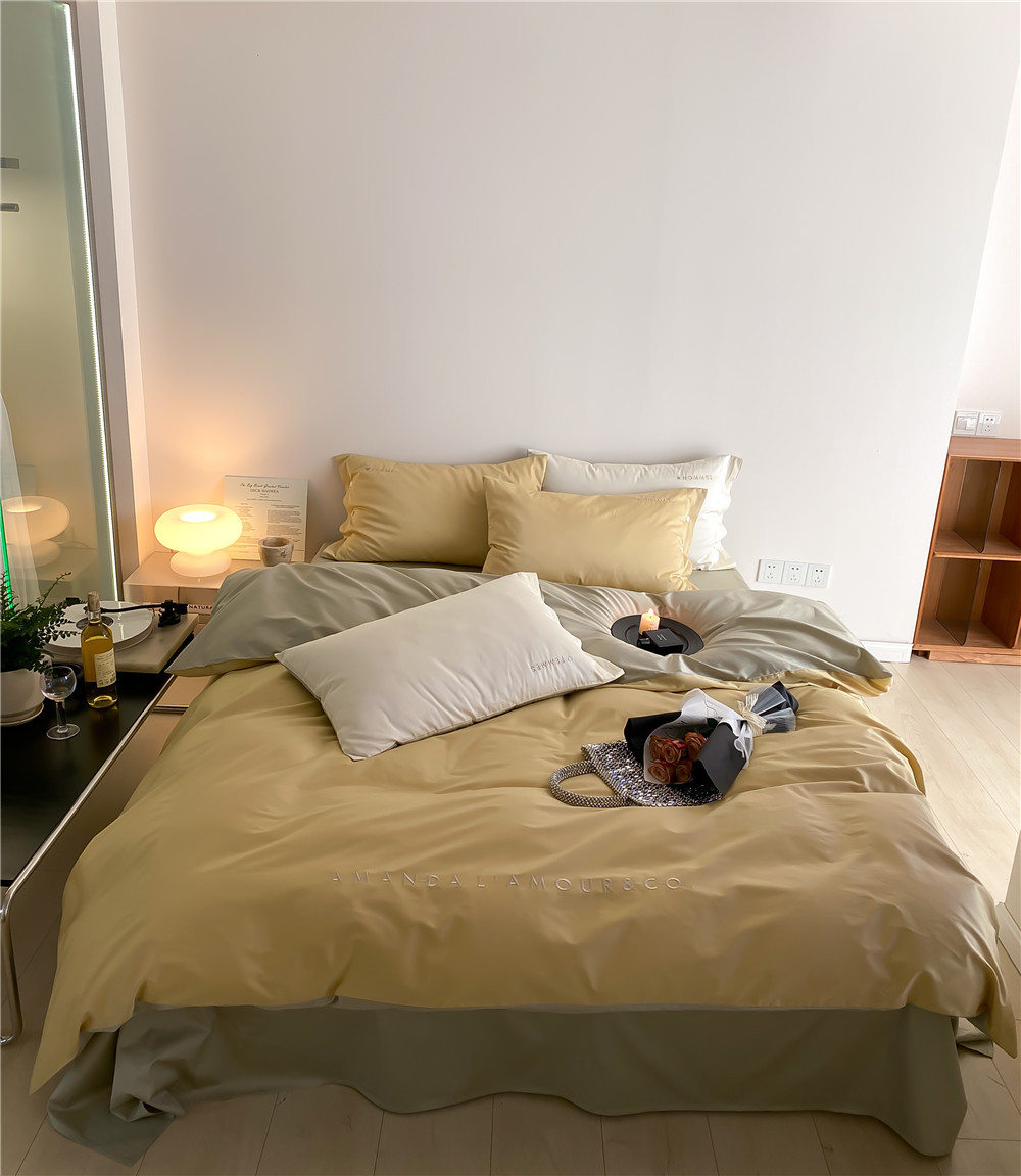 Simple, light luxury and fashionable solid-color long-staple cotton four-piece set, pure cotton letter-embroidered duvet cover, double bedding pic 45