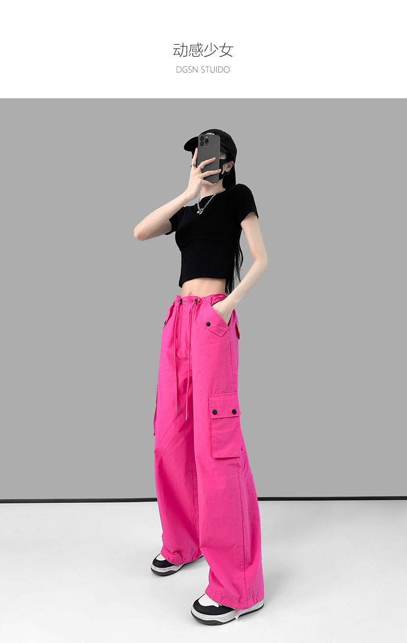美式复古粉色高腰直筒工装裤女2023夏季辣妹新款休闲高街薄款裤子详情2