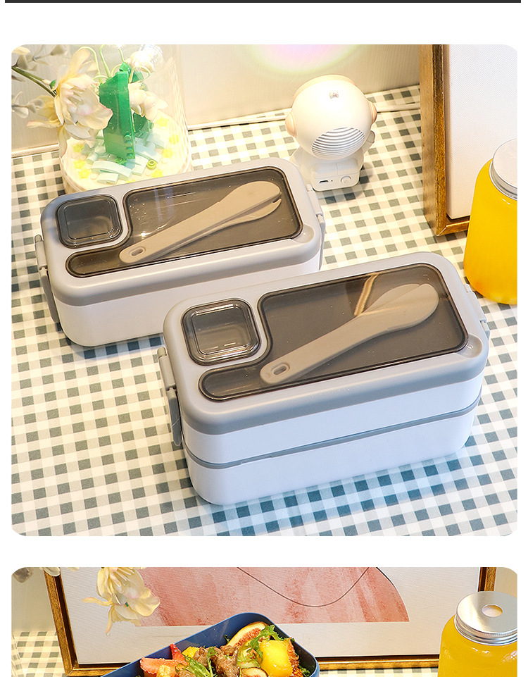Plastic lunch box, compartments, lunch box, modern and simple food grade, with sauce box, double-layer, microwave-safe pic 11