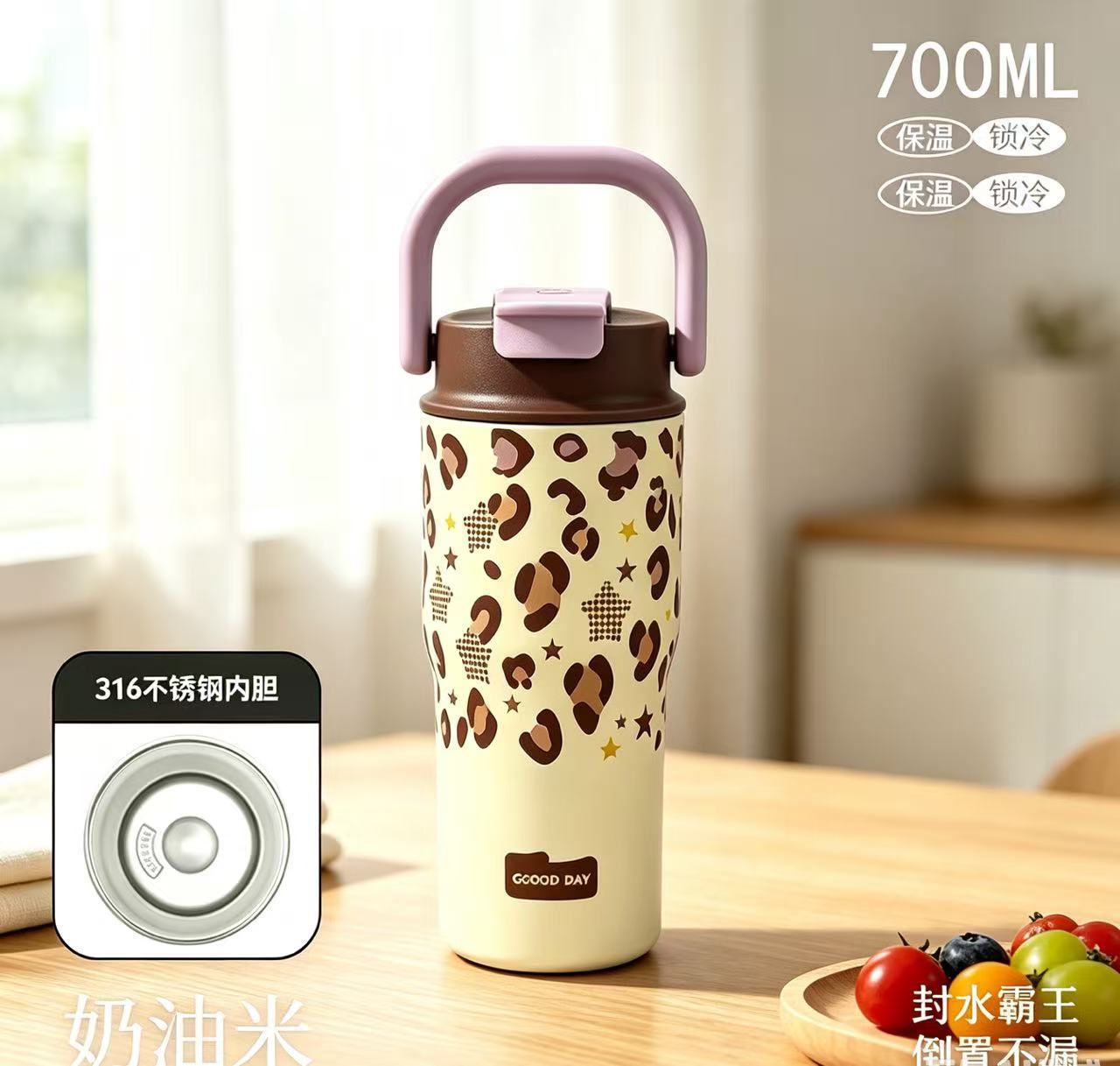 Cross-border 2026 New leopard print Insulated cup, high appearance level, large capacity straw ice cup, double drinking cup pic 4