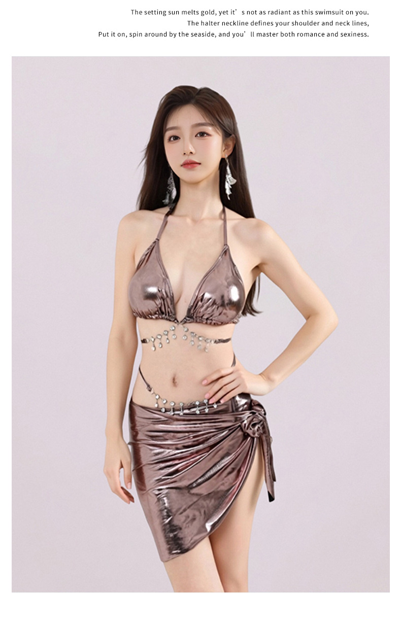 性感挂脖亮面比基尼女带链条分体泳衣套装度假海边游泳显瘦泳装125086详情8
