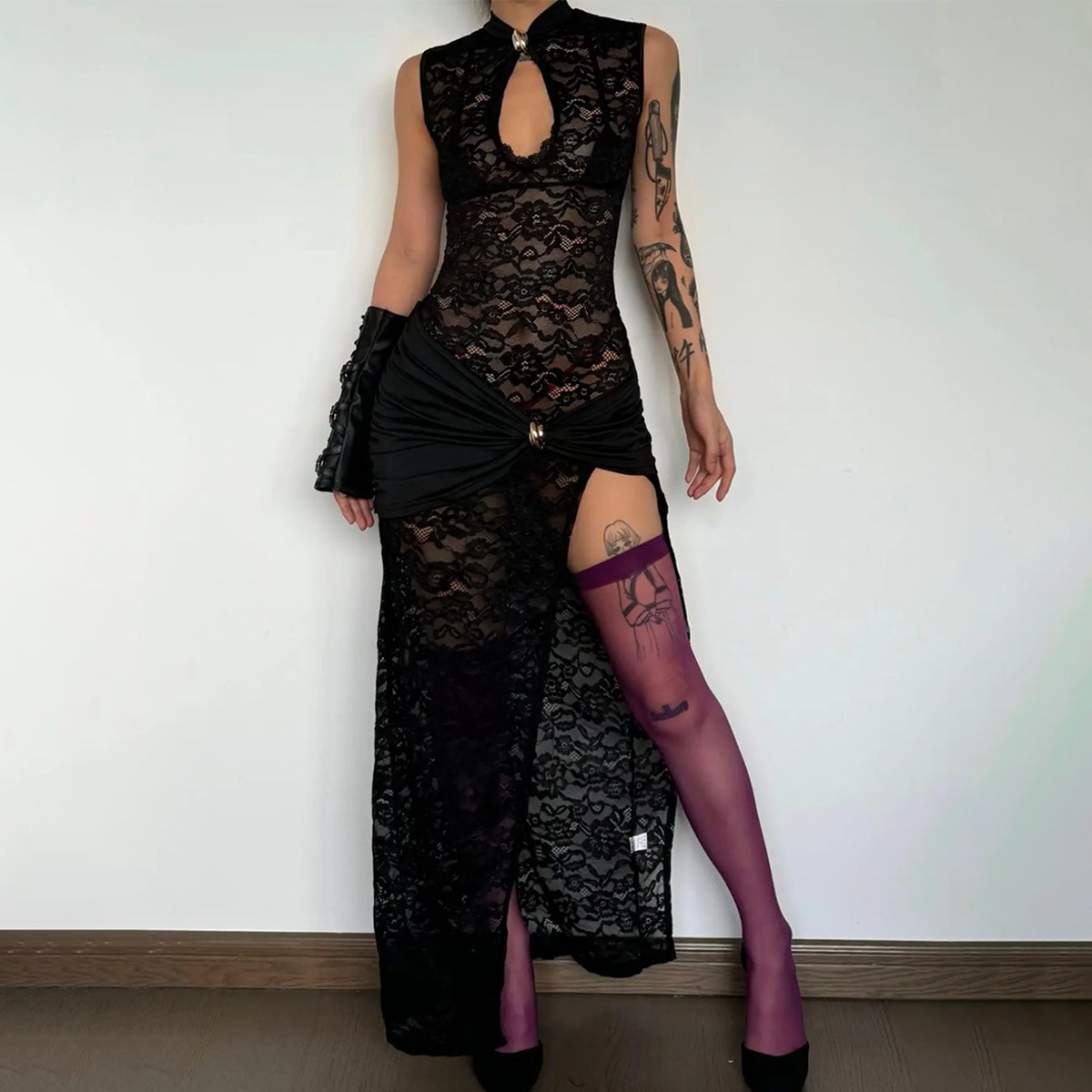 A new sexy and fashionable lace cutout high-slit figure-hugging sleeveless dress that is selling well in cross-border trade between Europe and America for women pic 5