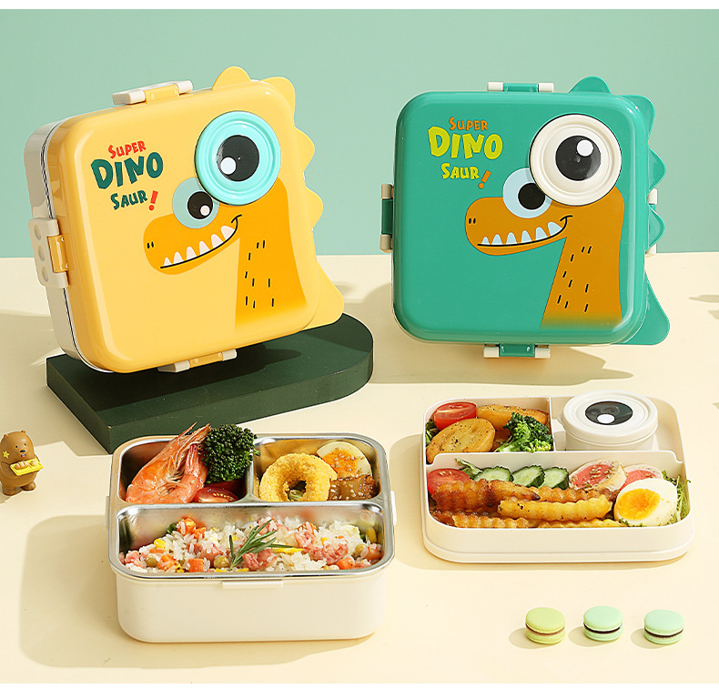 Creative children and students cartoon portable lunch box, cute dinosaur square stainless steel double-layer compartments sealed lunch box pic 13