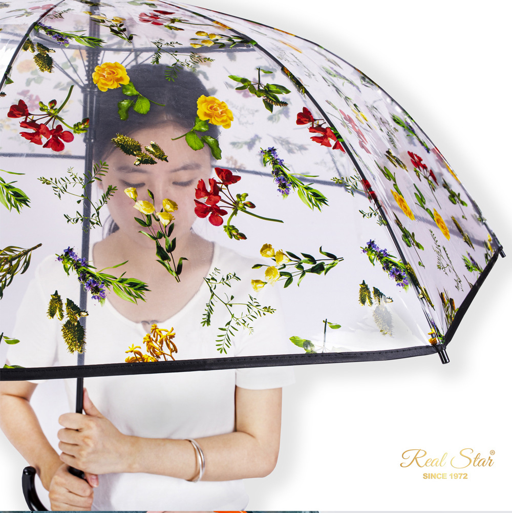 RST新品透明伞带图案富贵花朵成人塑料雨伞批发自动开彩色印刷伞详情4
