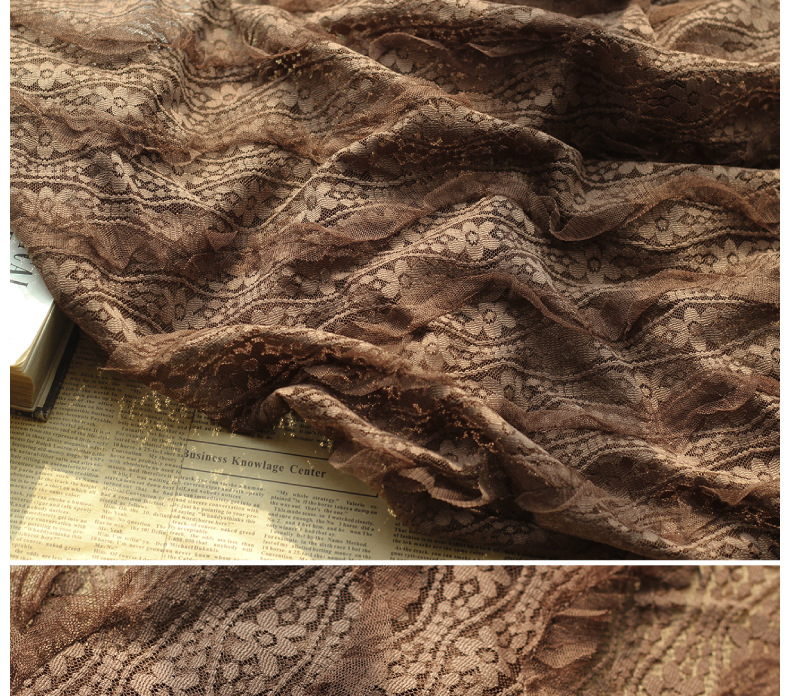 Lace wavy curved mesh fabric with black ear edge embroidery, small flower striped hook embroidery spring and summer forest-themed fabric in stock pic 14