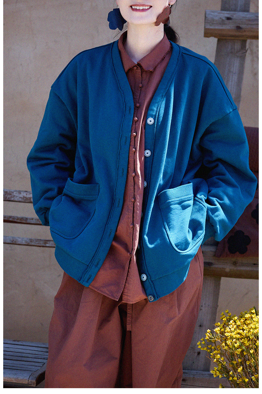 New autumn and winter style, artistic and retro original hazelnut red-brown cotton casual top, high-density, slightly elastic loose shirt for women pic 39