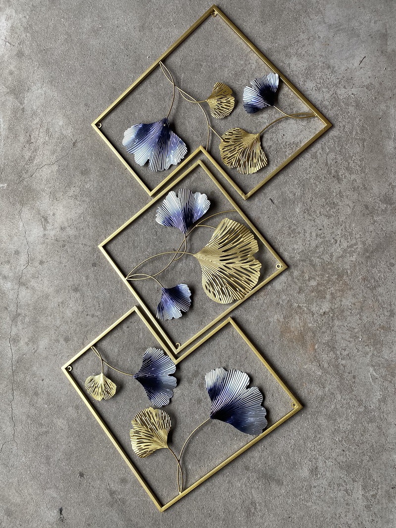 现代简约铁艺金属墙面挂画立体三联组合壁挂跨境热销装饰品银杏叶详情10