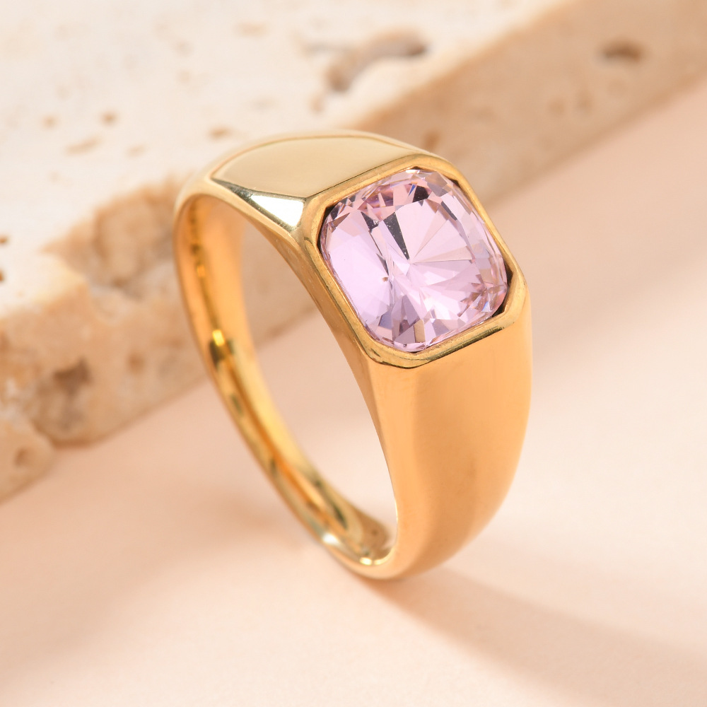 欧美跨境不锈钢铸造饰品男女通用 镶方形彩钻戒指镀18k金锆石戒指详情8