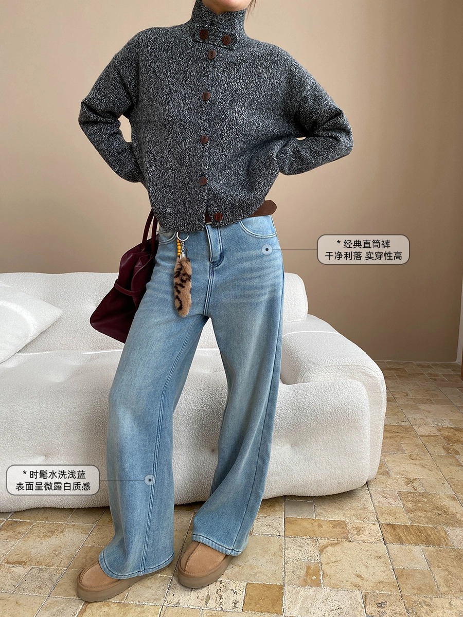 司南修腿型天菜含腰带挂件水洗浅蓝窄版直筒加绒牛仔裤SN8358详情17