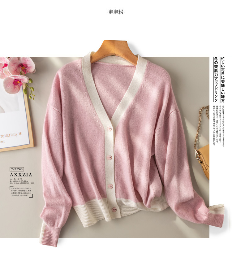 A stylish V-neck contrasting color wool cardigan with a simple and loose, fashionable knitted jacket for women in the autumn of 2024 pic 25