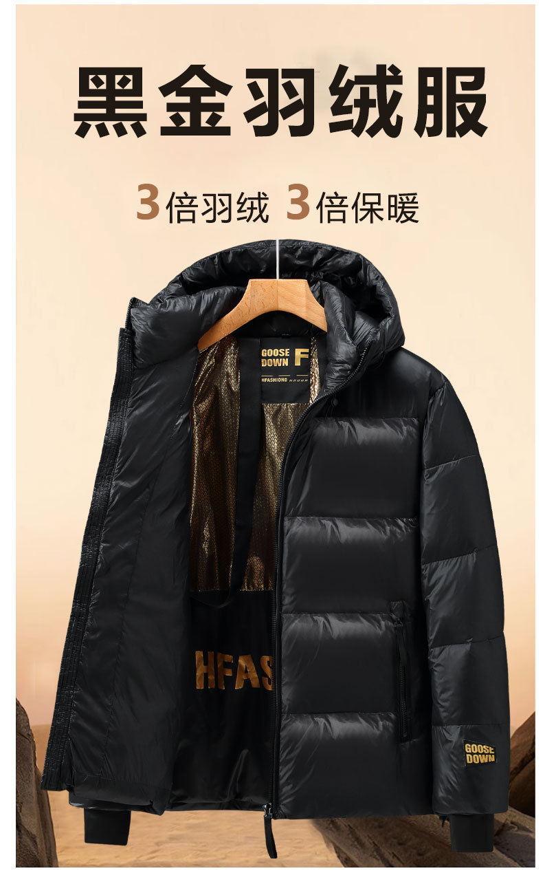 黑金鹅绒羽绒服短款加厚男款保暖防寒冬季白鸭绒服男新款连帽外套详情1