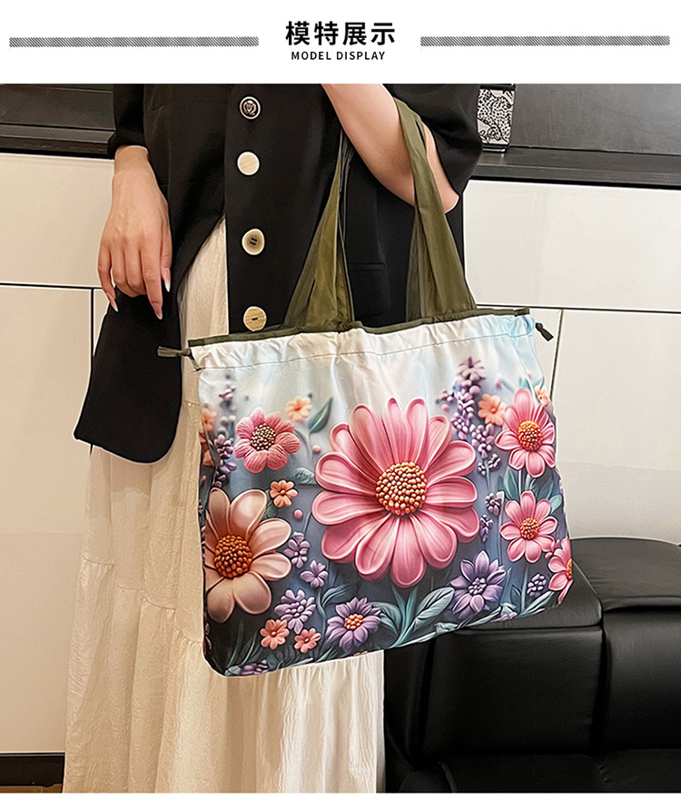 大容量花朵印花单肩包防水购物袋尼龙外出托特包时尚复古手提包详情7