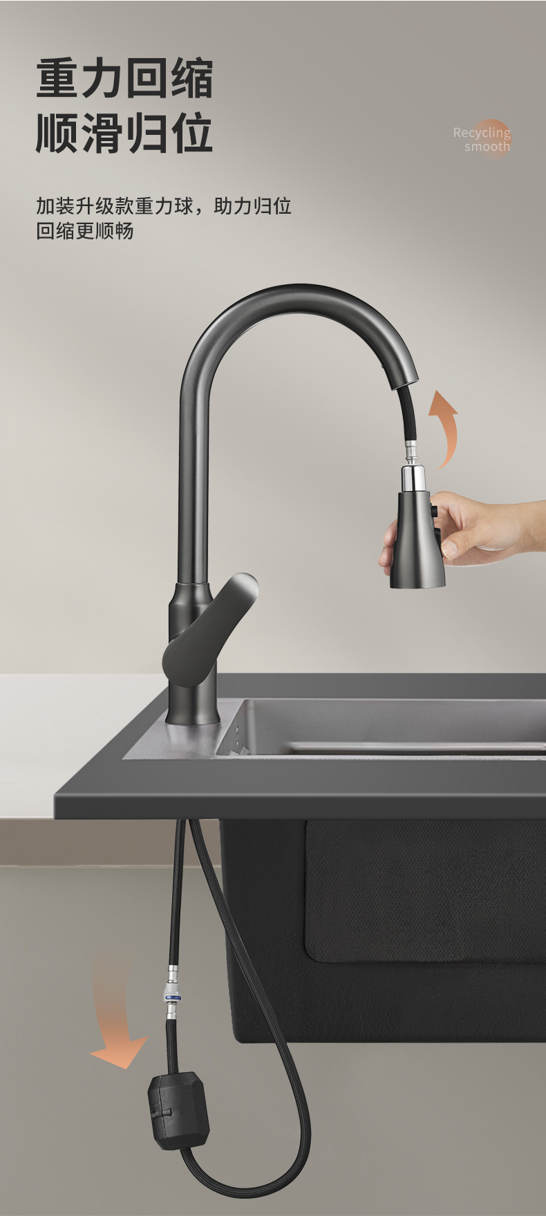 铂美雅抽拉式厨房冷热水龙头洗菜盆洗碗池水槽家用黄铜防溅伸缩龙详情11