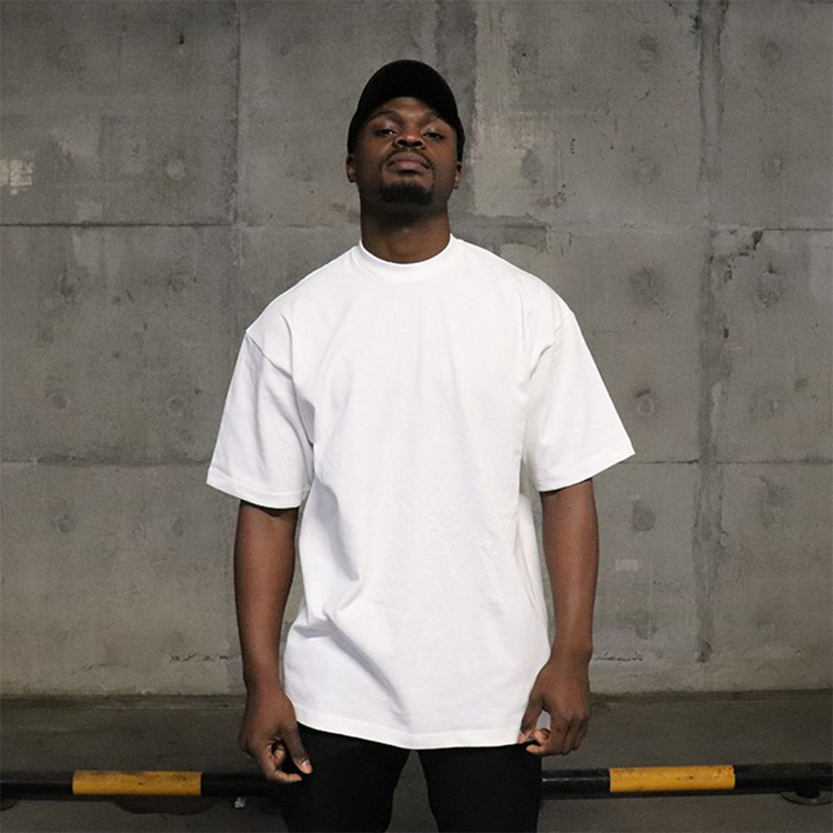 European size oversized off-the-shoulder solid color American heavyweight small collar T-shirt hip-hop pure cotton short-sleeved loose T-shirt pic 3