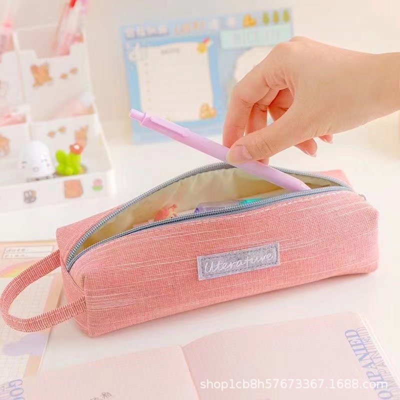 竹节棉布手提笔袋收纳英文字母纯色文具袋大容量学生文具用品详情5