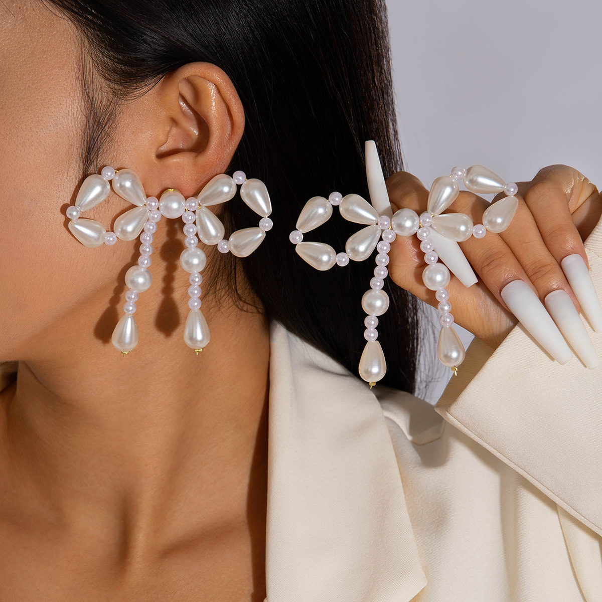 欧美跨境时尚镶钻大蝴蝶耳坠气质高级感桃心蝴蝶结仿珍珠耳饰女详情20