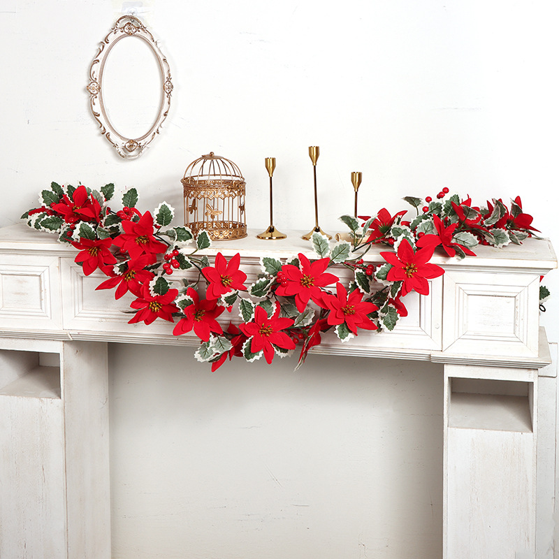 亚马逊新款仿真圣诞红果藤条松针藤蔓壁炉家居布置氛围装饰批发详情10