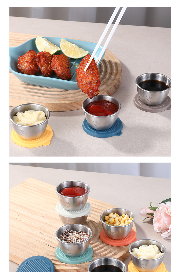 Cross-border mini 304 stainless steel dipping sauce seasoning box, cartoon bear plate with lid, tomato sauce salad dressing cup pic 20