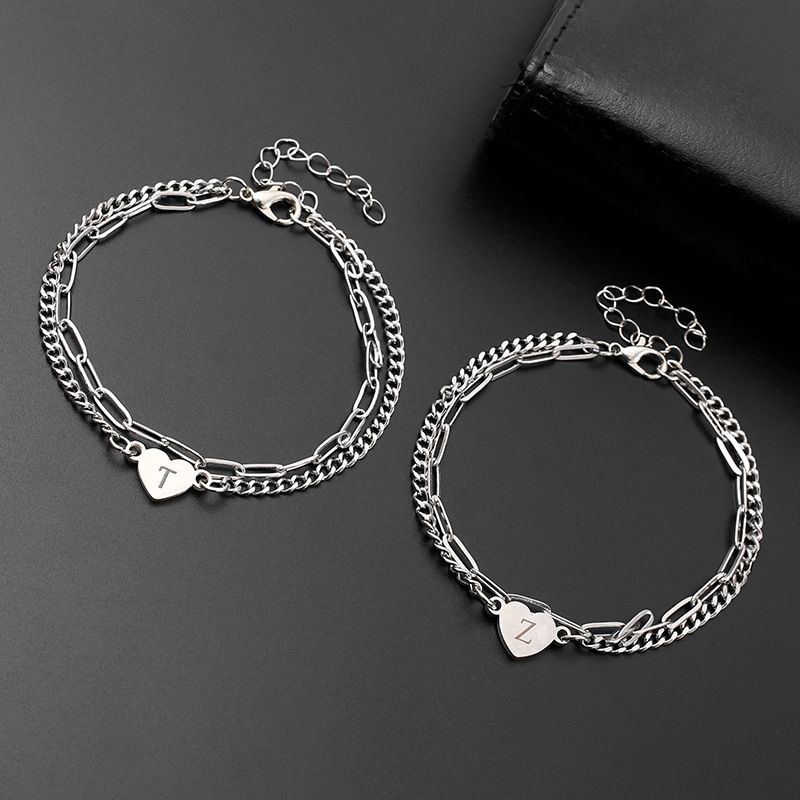 European and American stainless steel long box chain rectangular chain style bracelet, 26-letter DIY heart-shaped bracelet, titanium steel simple bracelet pic 7