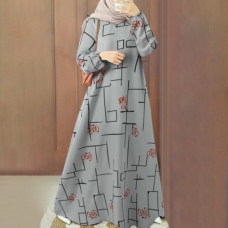 2026 New cross-border Middle East Muslim casual pullover long-sleeved loose round-neck long printed dress Long dress pic 6