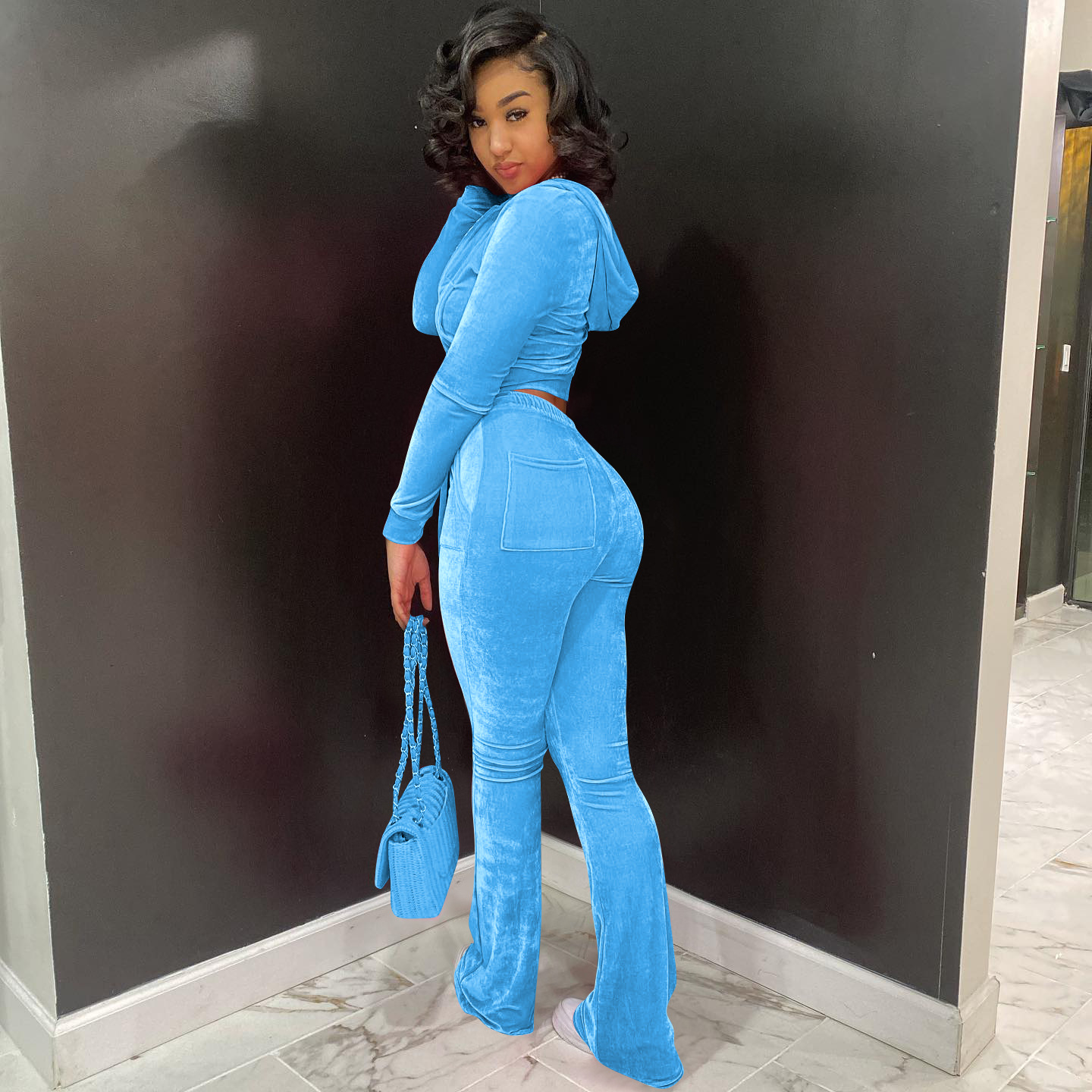 Solid color gold velvet wide-leg pants two-piece set pic 127