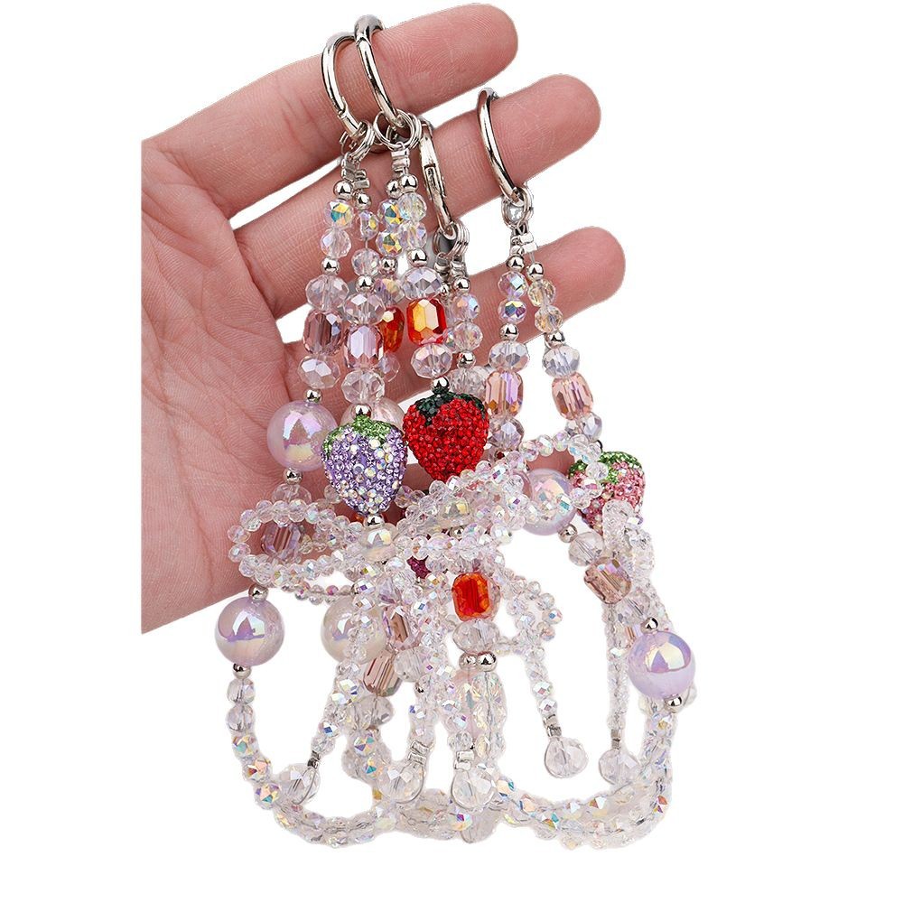 爆闪水钻水晶草莓蝴蝶结手机链带扣钥匙包包串珠挂链手机挂绳挂饰详情1