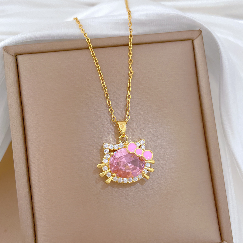 【钛钢】粉色猫咪蝴蝶结轻奢气质华丽满钻项链女百搭锁骨钛钢链详情9