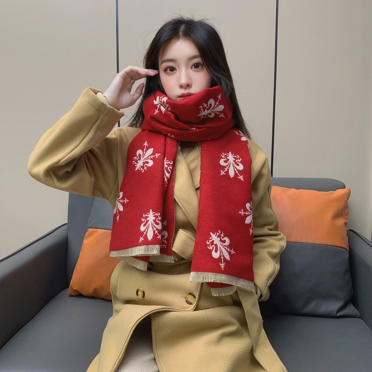 围巾女冬季欧美风格佛罗伦萨鸢尾花披肩加厚百搭双面保暖围脖保暖详情24