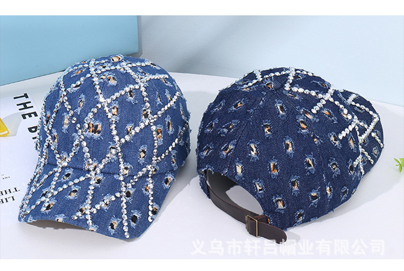 个性潮流牛仔破洞棒球帽时尚水钻菱格鸭舌帽街头潮人遮阳防晒帽子详情18