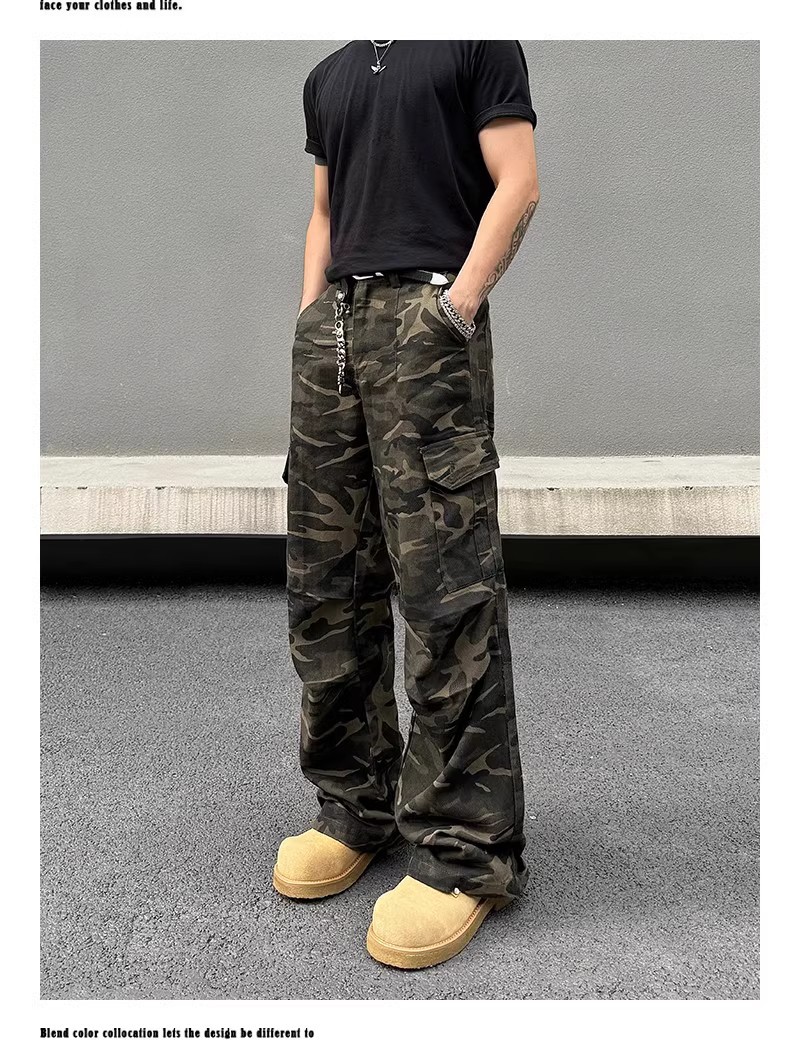 美式复古多口袋阔腿水洗迷彩工装牛仔裤男女小众休闲宽松直筒长裤详情3