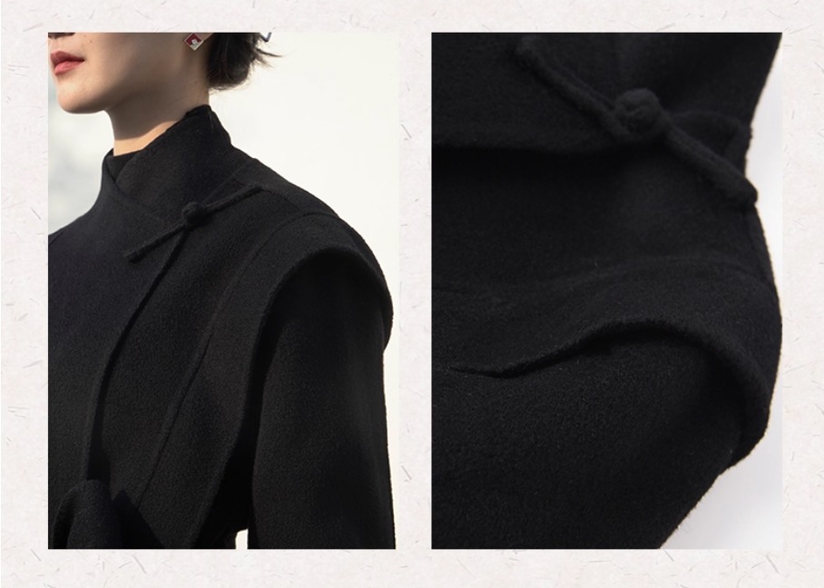 2025 New Chinese-style Australian wool Double-sided cashmere Chinese-style coat for women, mid-length black woolen wool coat with buttons pic 6