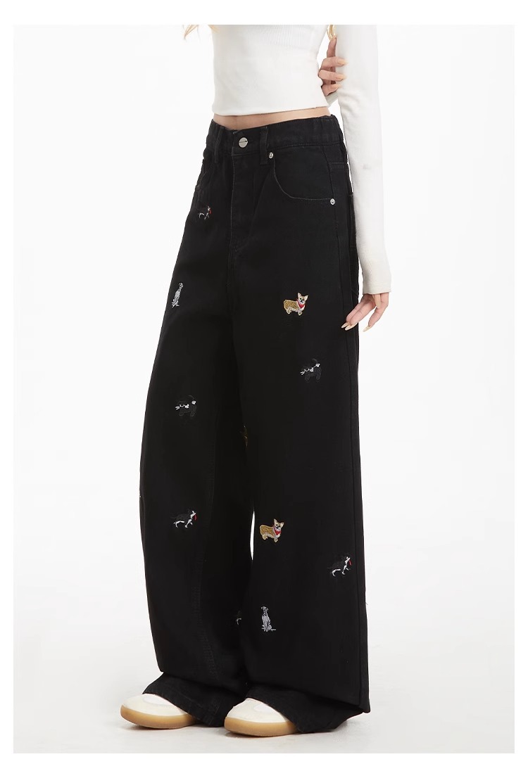 Light-colored high-waisted straight-leg jeans for women, 2025 new embroidered American retro washed wide-leg loose floor-length pants pic 19