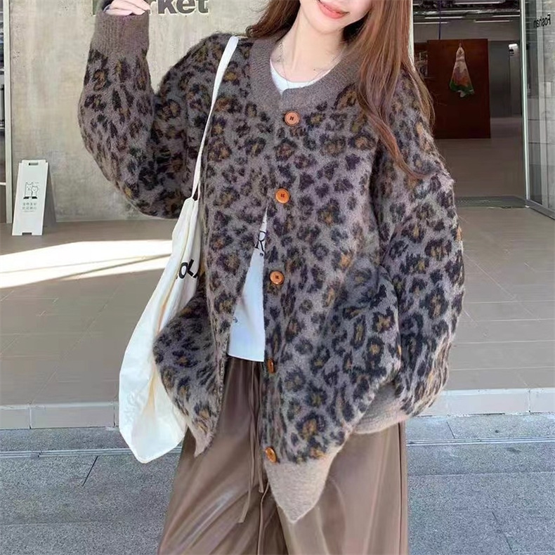 美式复古风宽松豹纹提花毛衣外套女2024秋冬加厚时尚休闲针织开衫详情6