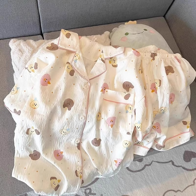 Pajama Women Summer Cloud Cotton 2024 New Style sweet and cute cardigan casual short-sleeved and short-shorts home wear set pic 12
