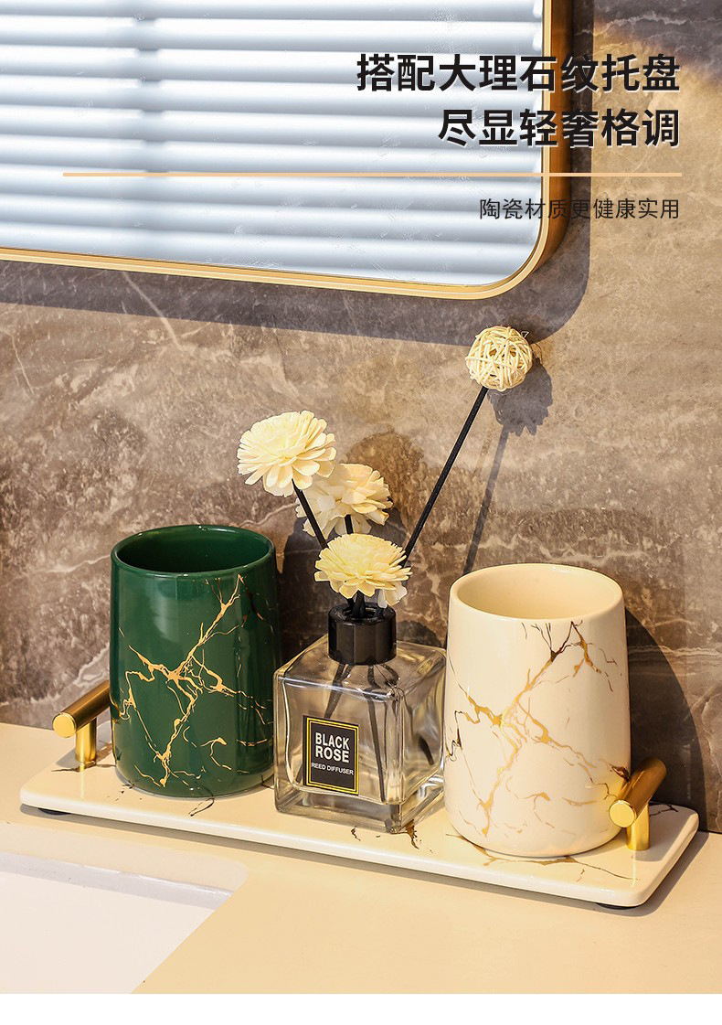 Simple and creative couple washbasin cups, home bathroom ceramic toothbrush cups, marble-patterned handless mouthwash cups pic 6
