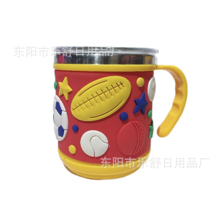 不锈钢儿童水杯卡通创意杯子带盖带手柄双层隔热pvc软胶不锈钢杯详情7