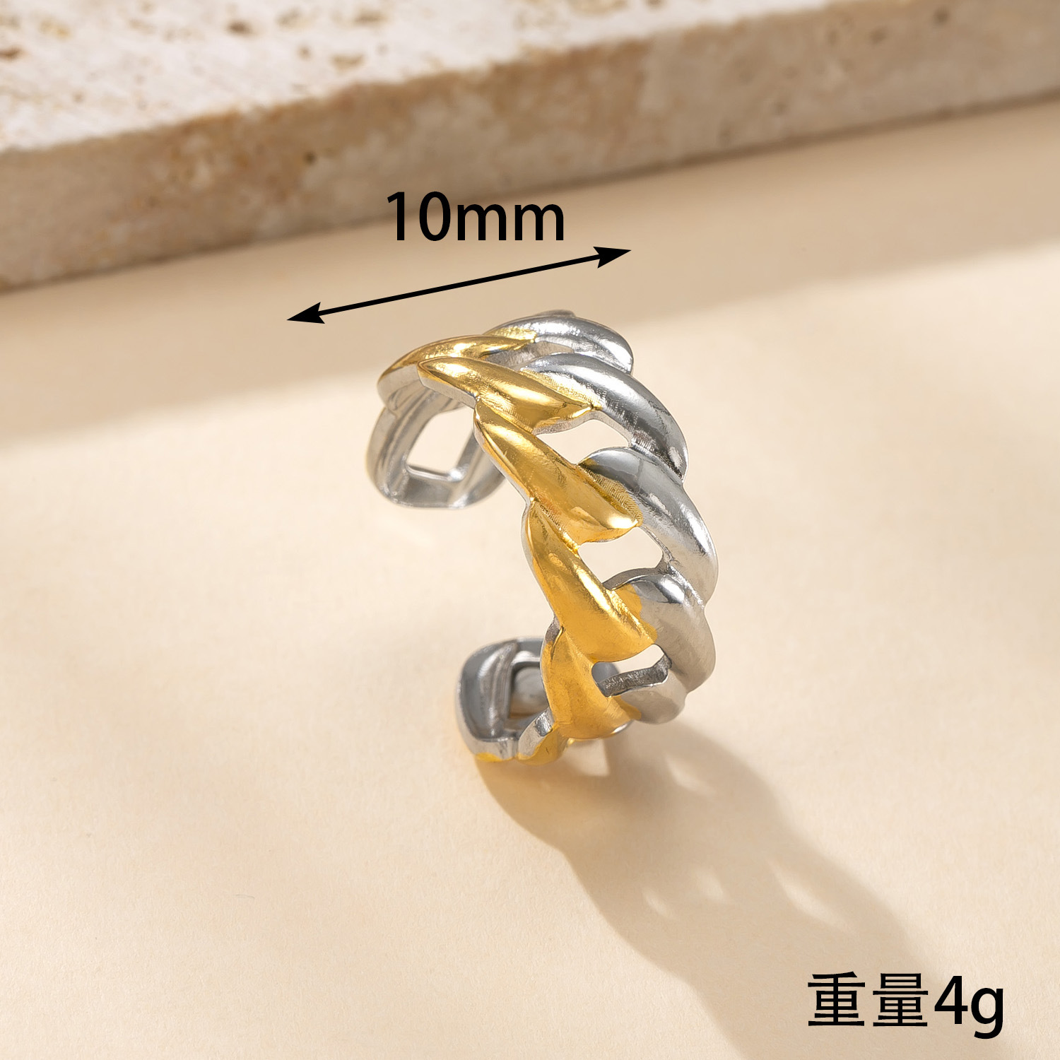 跨境新款钛钢饰品 高级感镀18k金开口戒指油压拼色树叶不锈钢戒指详情14