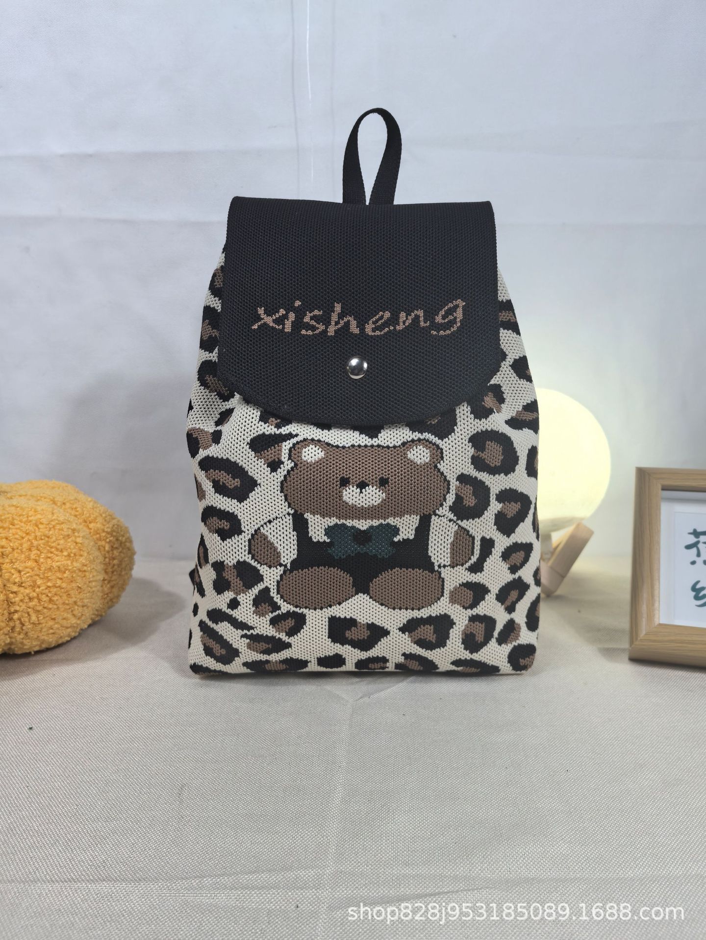 新款ins网红卡通便携通用百搭针织抽绳双肩包手拎包可编logo包包详情9