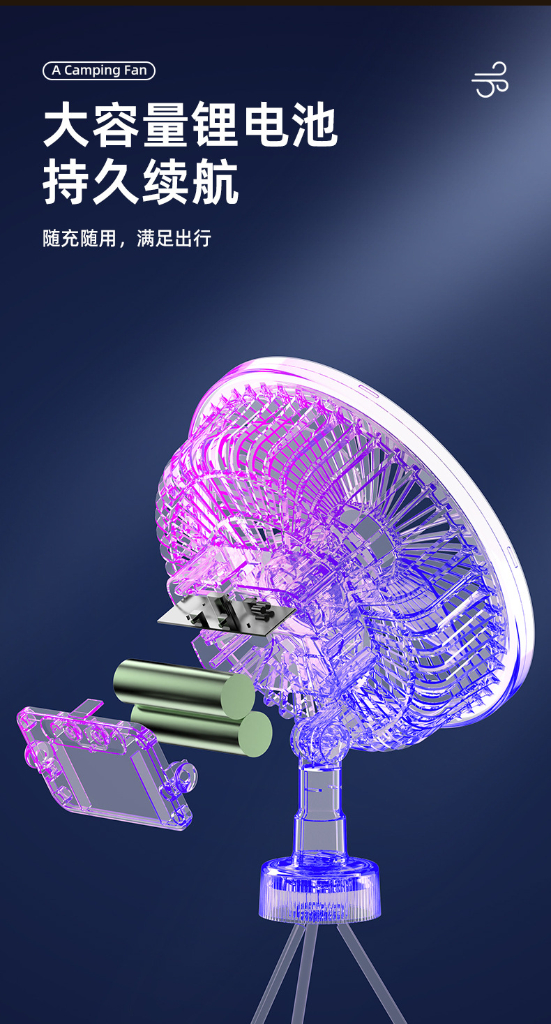 户外露营风扇便携式随身USB充电小风扇超长续航野营钓鱼帐篷带灯详情14
