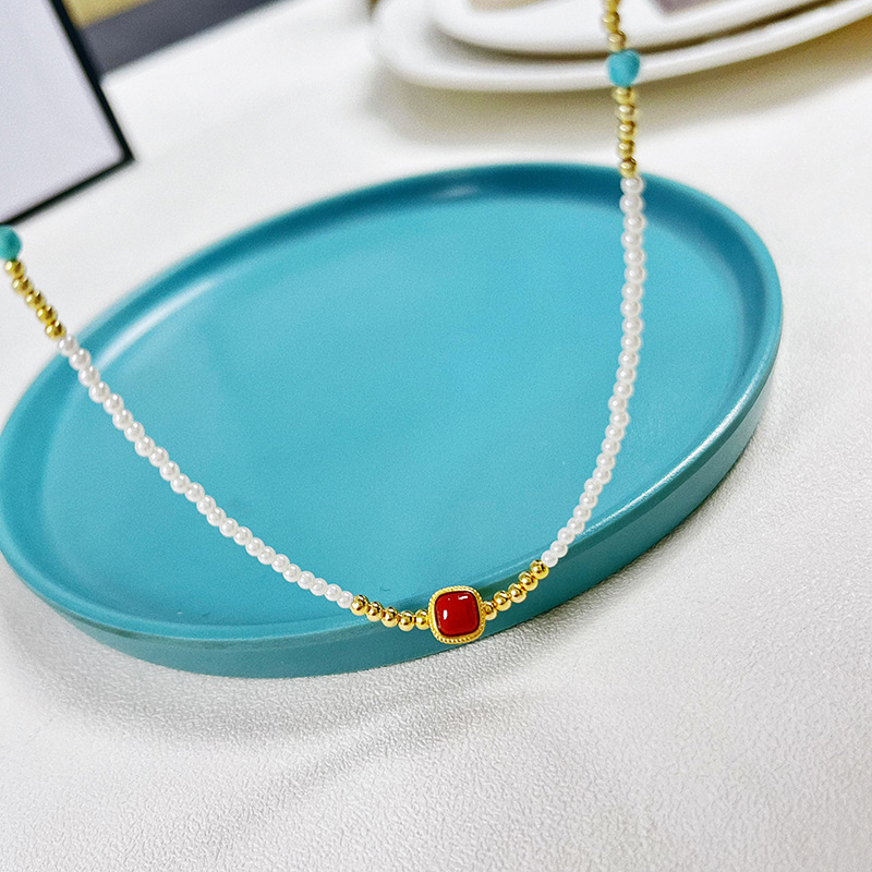 925纯银天然粉贝施家同款珍珠项链女小众高级感绿松石串珠锁骨链详情19