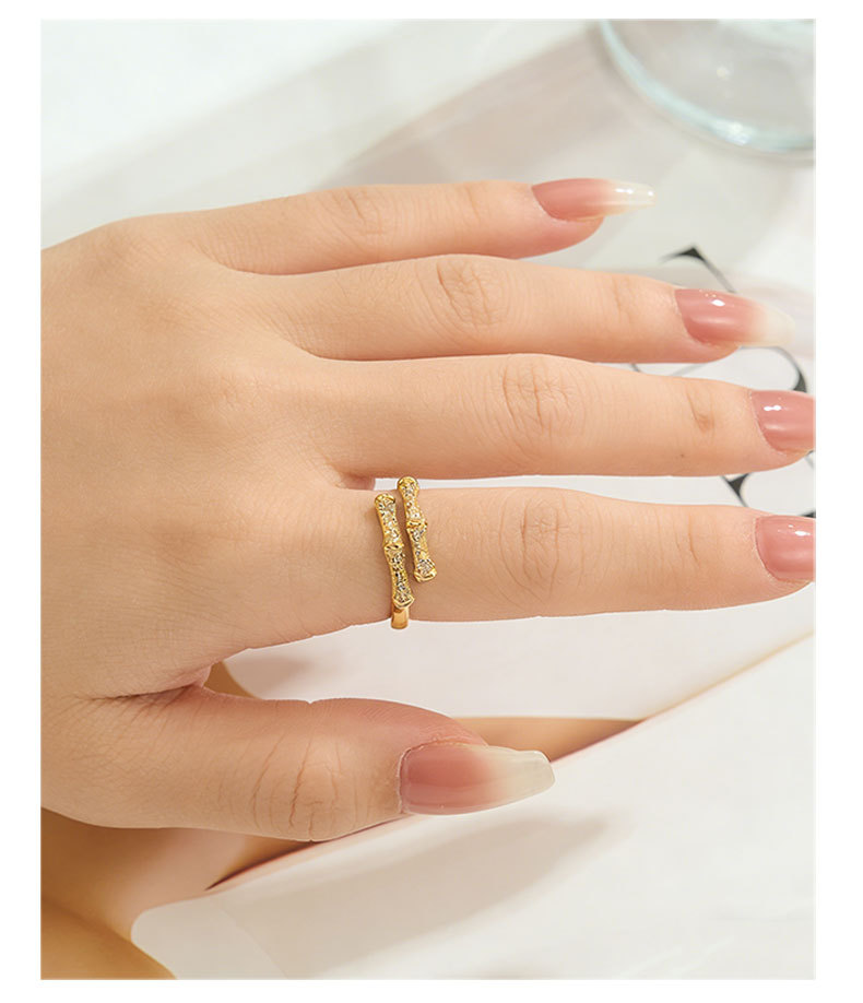 A light luxury double-layer overlapping bamboo-joint open ring with a high-end feel. It is made of copper alloy, set with zircon, and electroplated with real gold for adjustment pic 12