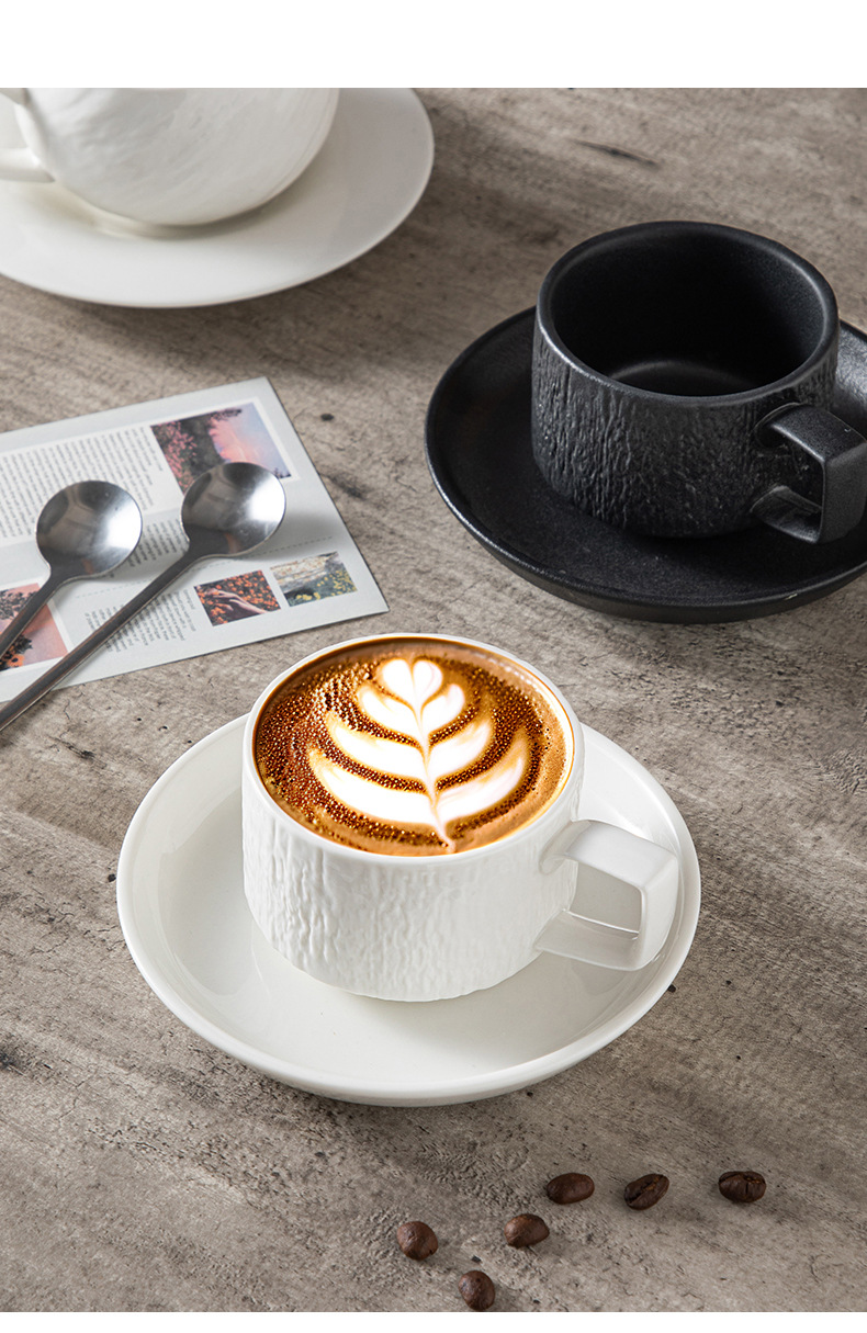 高颜值黑白陶瓷杯碟套装轻奢质感咖啡牛奶早餐下午茶岩石头纹杯子详情9