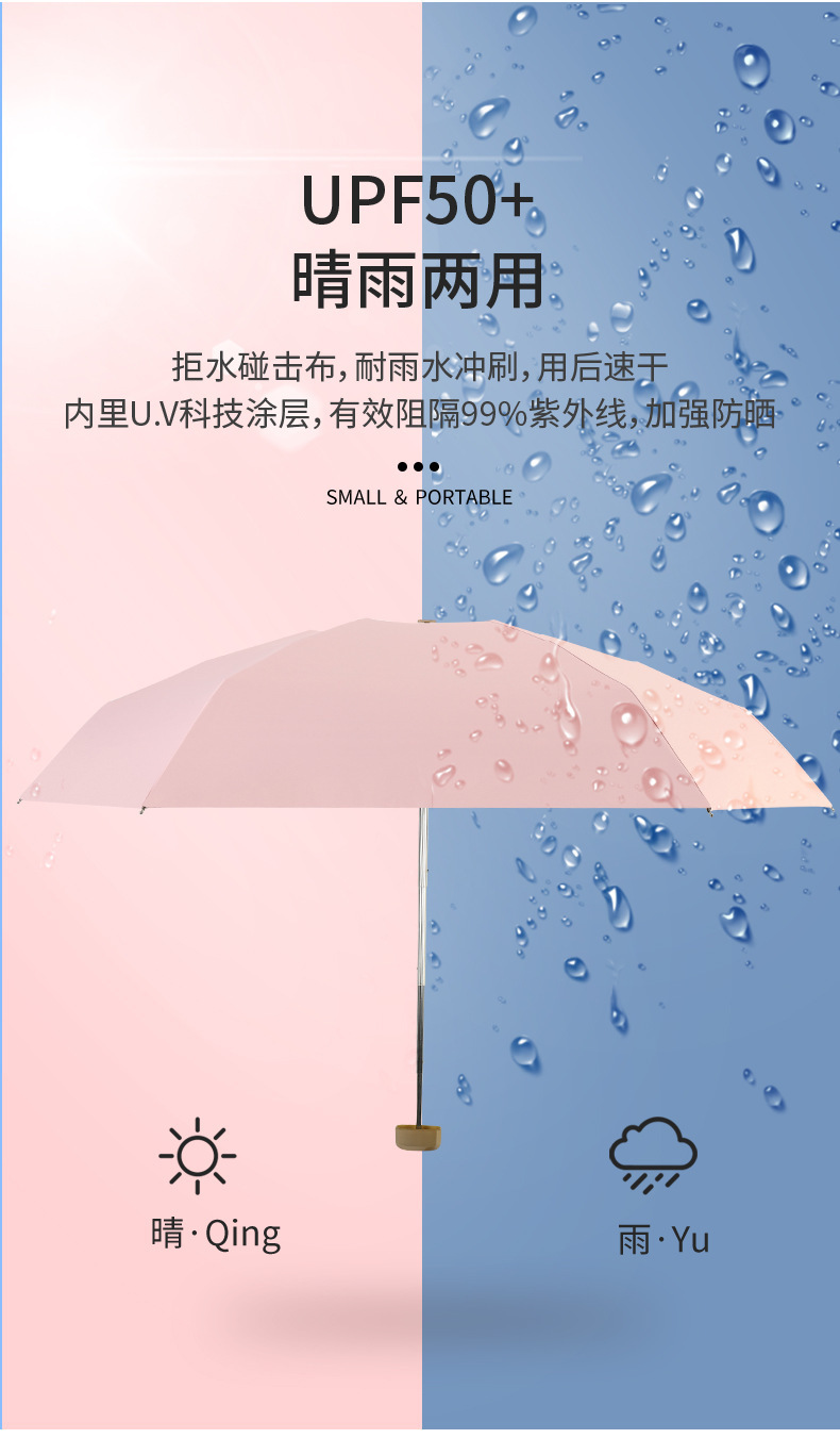 小巧便携黑胶遮阳伞女防晒防紫外线晴雨两用五折扁手柄袖珍太阳伞详情24