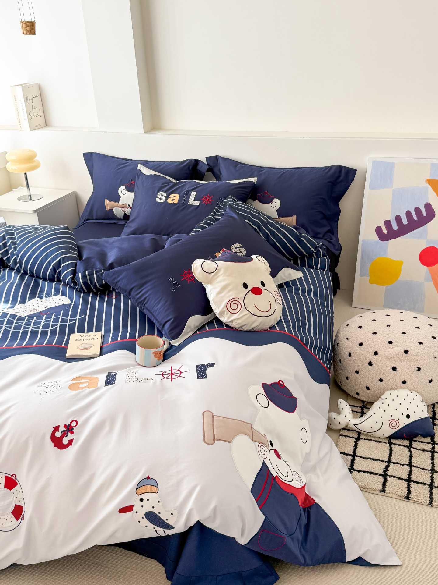 Four-piece set of washed cotton for boys and children, three-dimensional embroidered cartoon bed sheets and bedding pic 9