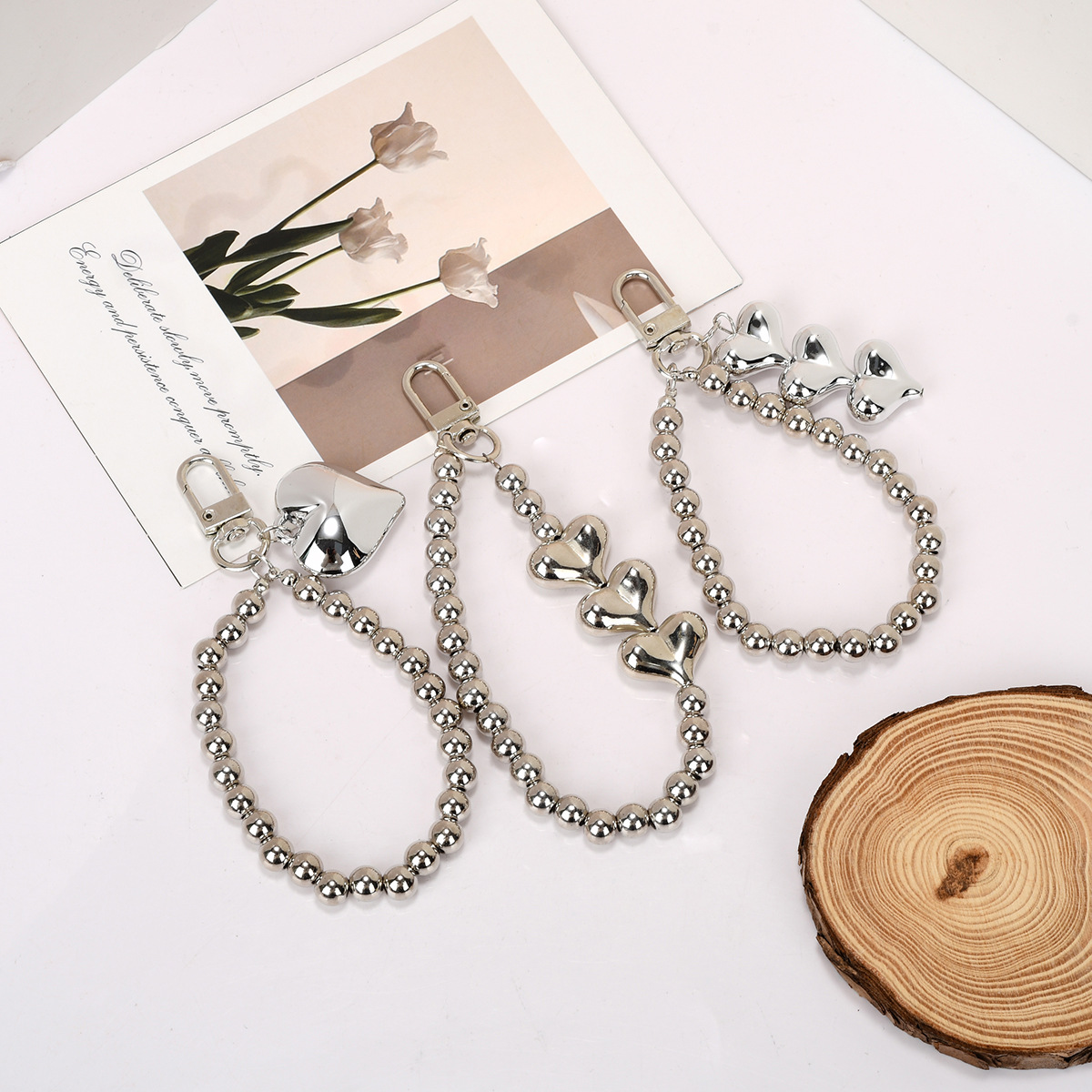 银色珠链挂件小众设计简约爱心吊坠钥匙扣包包挂件工厂批发钥匙链详情9