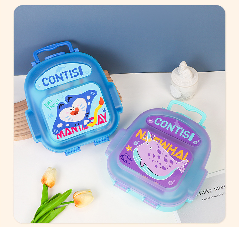 跨境新款可爱卡通小学生便携式便当盒厂家直供手提午餐盒饭盒套装详情8