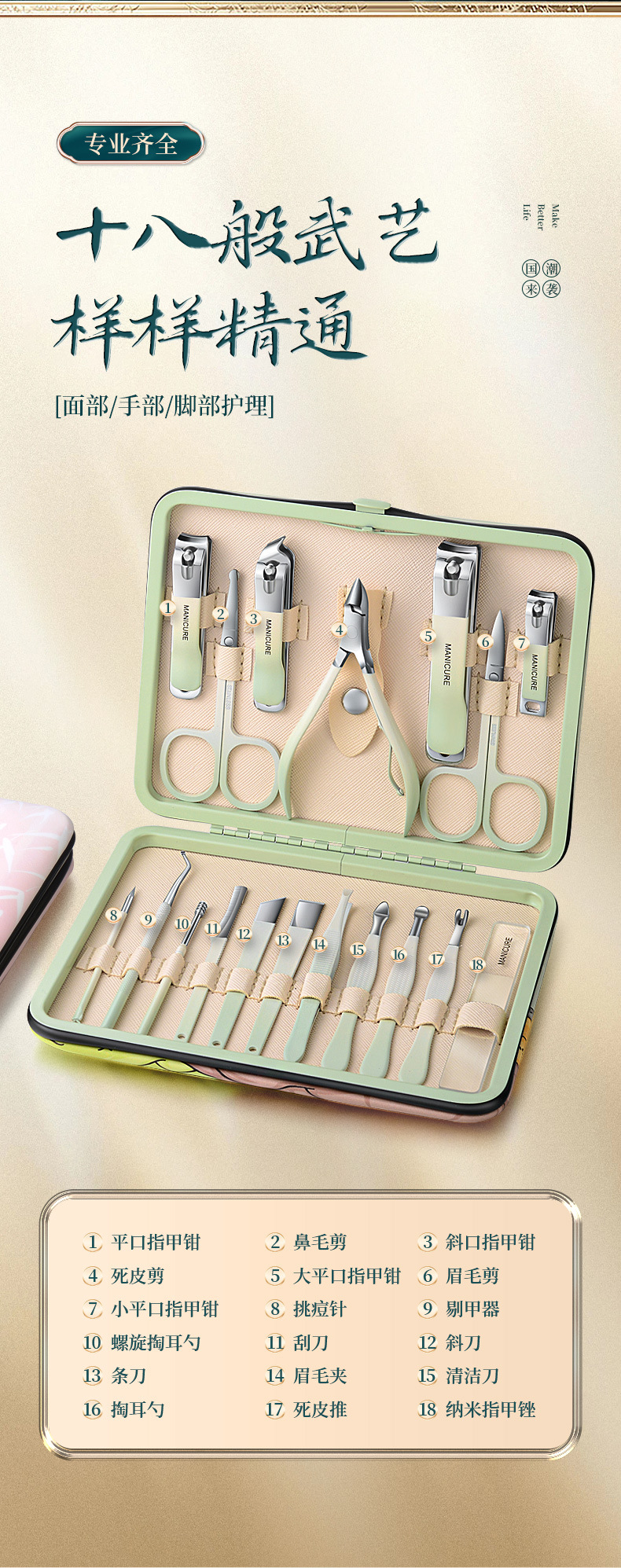 国潮手作指甲刀套装甲沟全套指甲剪十八件套鹰嘴钳家用修脚工具详情7